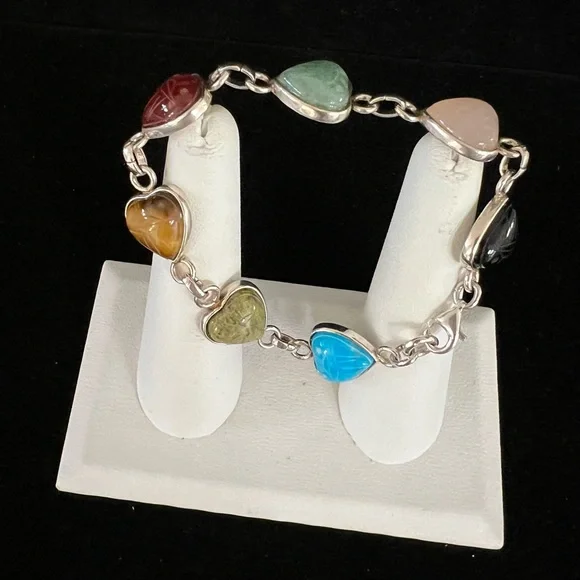 Sterling Multi Stone Scarab Heart Link Bracelet